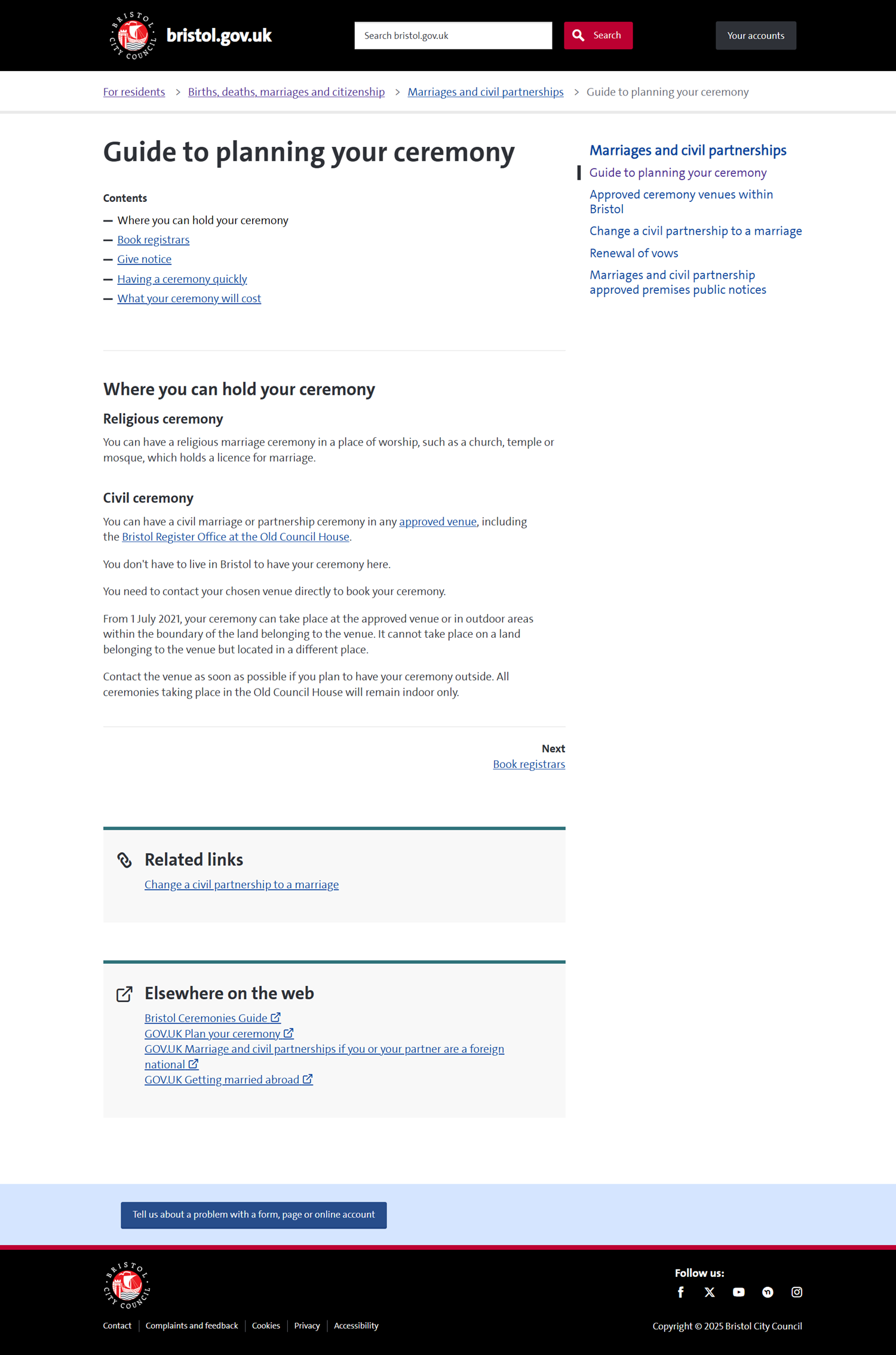 Screenshot of the Guide to planning your ceremony webpage.