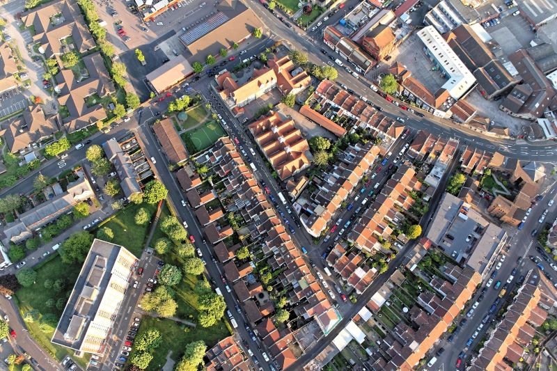 an aerial view of terraced homes