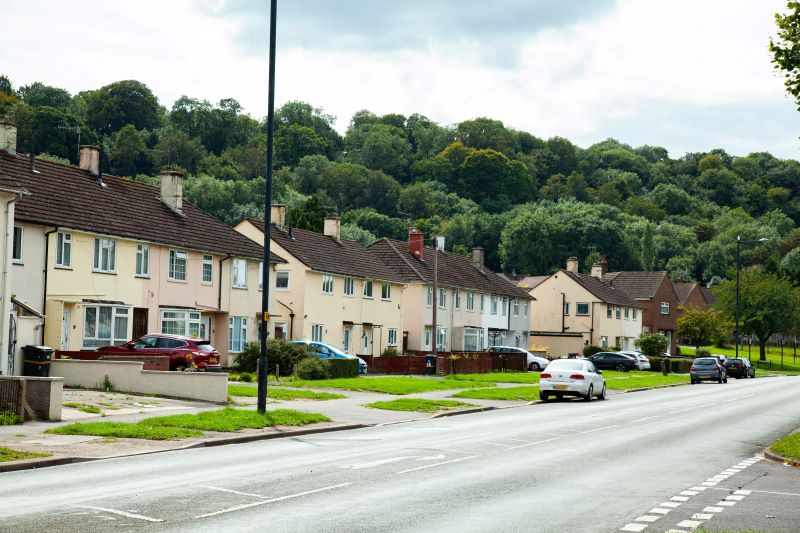 a row of semi-detached houses with trees in the background