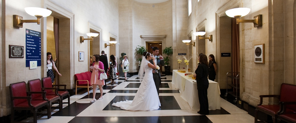 a wedding reception in the main foyer