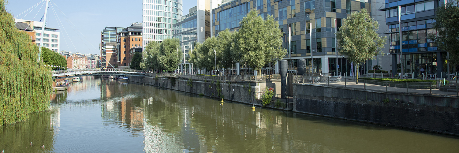 A view of the river, a bridge and some office buildings in Bristol's Temple Quarter district