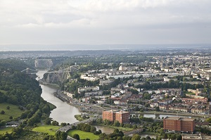 Aerial view of Bristol with the Suspension Bridge in the background.