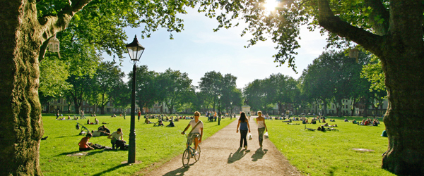 Cyclists and people in a park on a sunny day