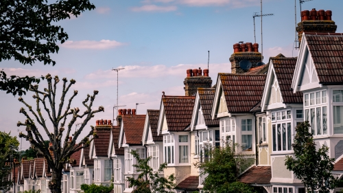Row of typical British houses with trees in the foreground