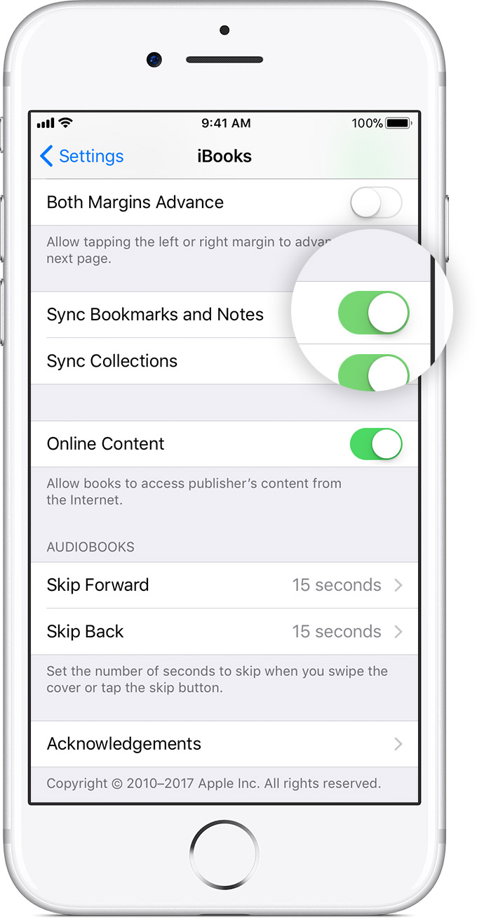 iBooks screen of an iPhone with the Sync Bookmarks and notes slider on green and the Sync collections slider on green