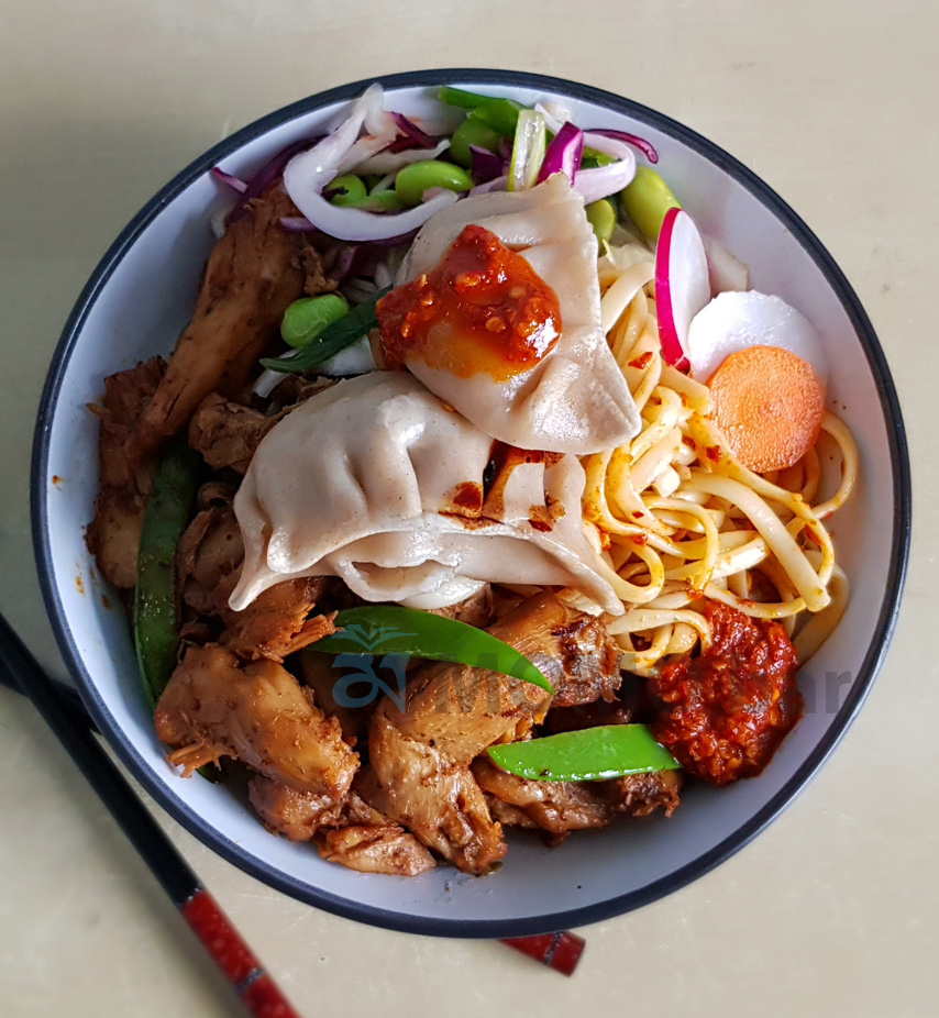 Close up of a bowl of momo, Tibetan dumplings