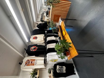 T-shirts hanging on the wall behind a table with plants on